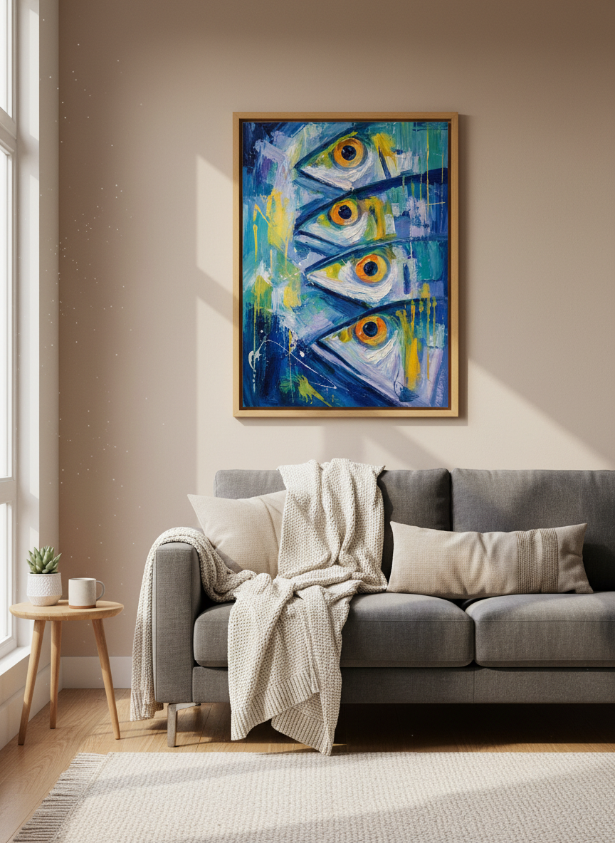 Abstract Fish Wall Art Print | Coastal Kitchen Decor | Impressionist Blue Poster
