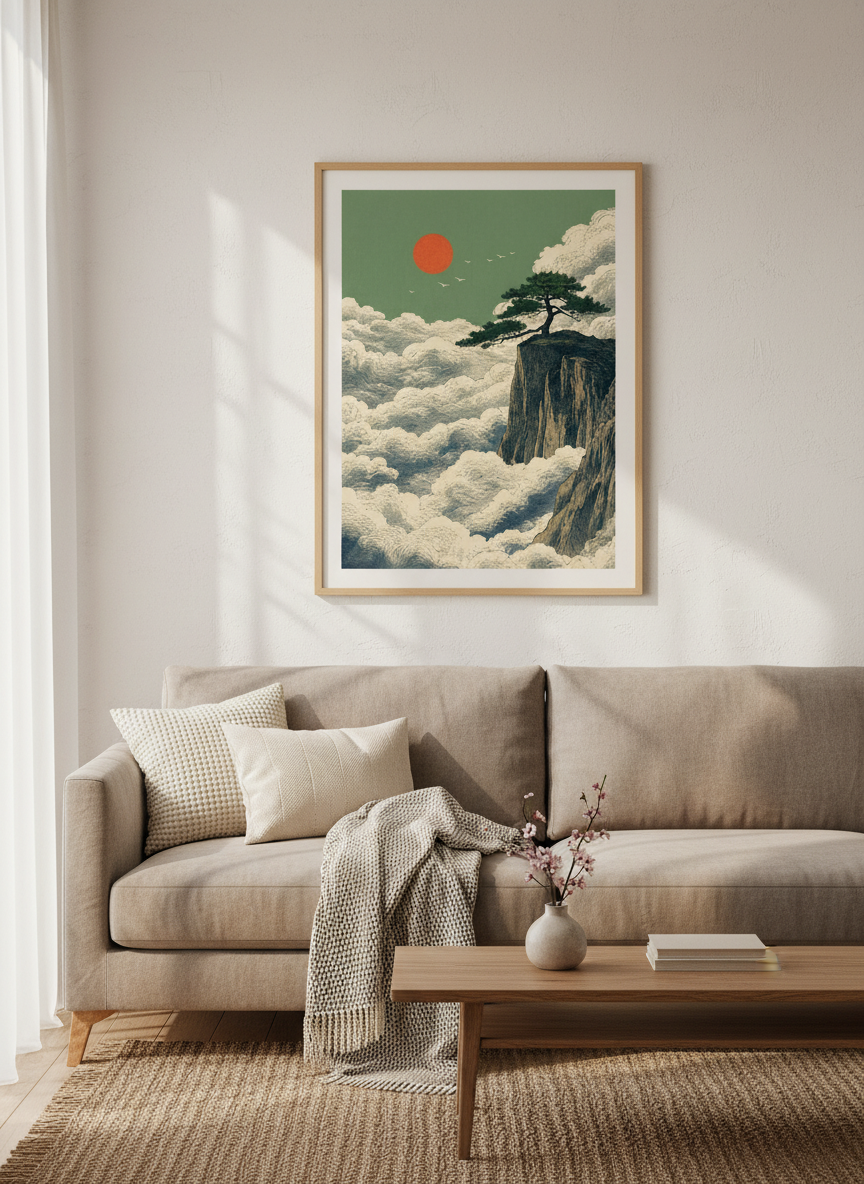 Japanese Landscape Wall Art | Pine Tree &amp; Red Sun Print, Zen Bedroom Decor