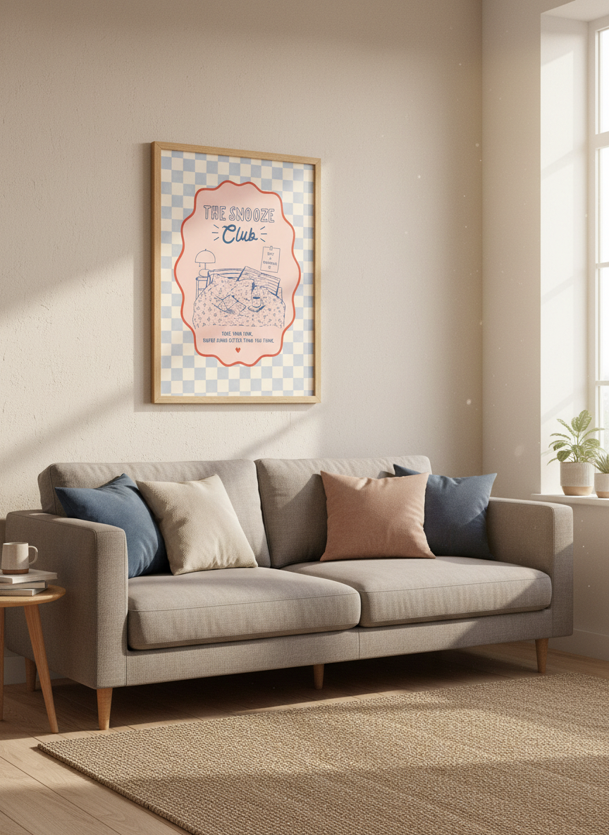 Snooze Club Cozy Bedroom Print | Self-Care Artwork, Blue Pink Cottagecore Decor