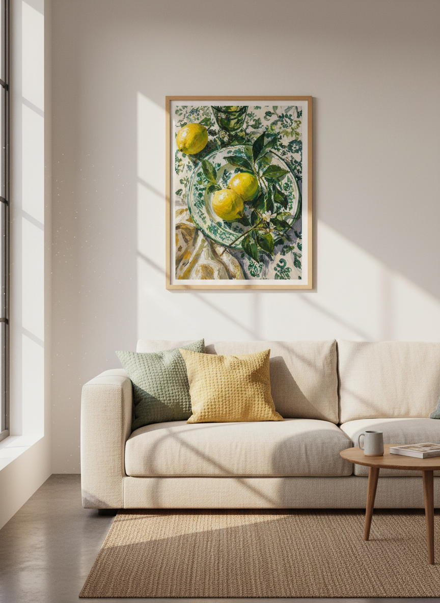 Lemon Still Life Print | Green &amp; Yellow Mediterranean Decor | Impressionist Poster