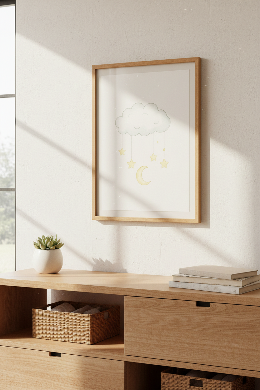Minimalist Cloud &amp; Moon Wall Art Print | Baby Nursery Decor | Boho Kids Room Poster | Framed Bedroom Art