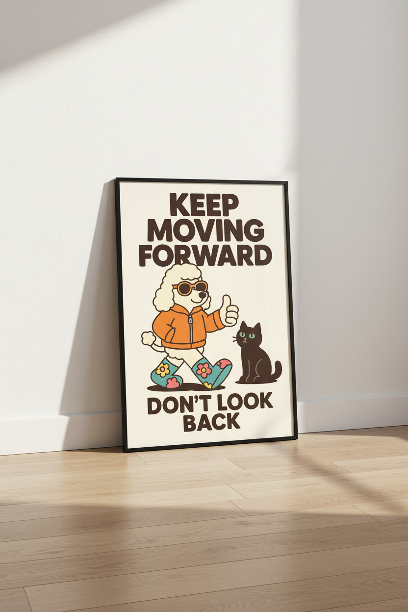 Retro Inspirational Poodle Cat Wall Art Print | Boho Kids Room Decor | Motivational Quote Poster | Funky Animal Lover Gift
