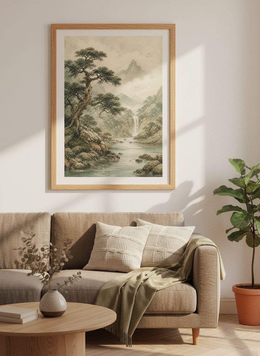 Japanese Landscape Watercolor | Mountain &amp; Waterfall Art, Zen Nature Decor Poster