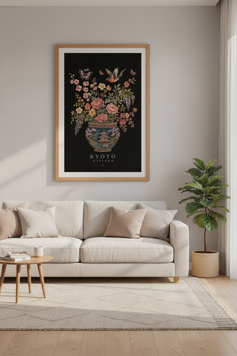 Kyoto Japan Floral Wall Art | Vintage Embroidery Style, Moody Living Room Decor