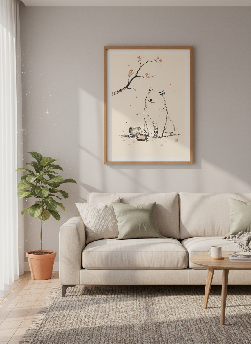 Shiba Inu Cherry Blossom Wall Art | Japanese Zen Dog Print | Minimalist Poster