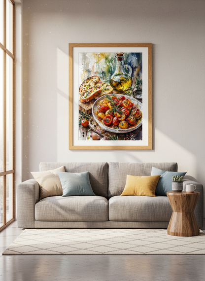 Roasted Tomatoes Watercolor Art | Mediterranean Food Poster, Kitchen Wall Decor