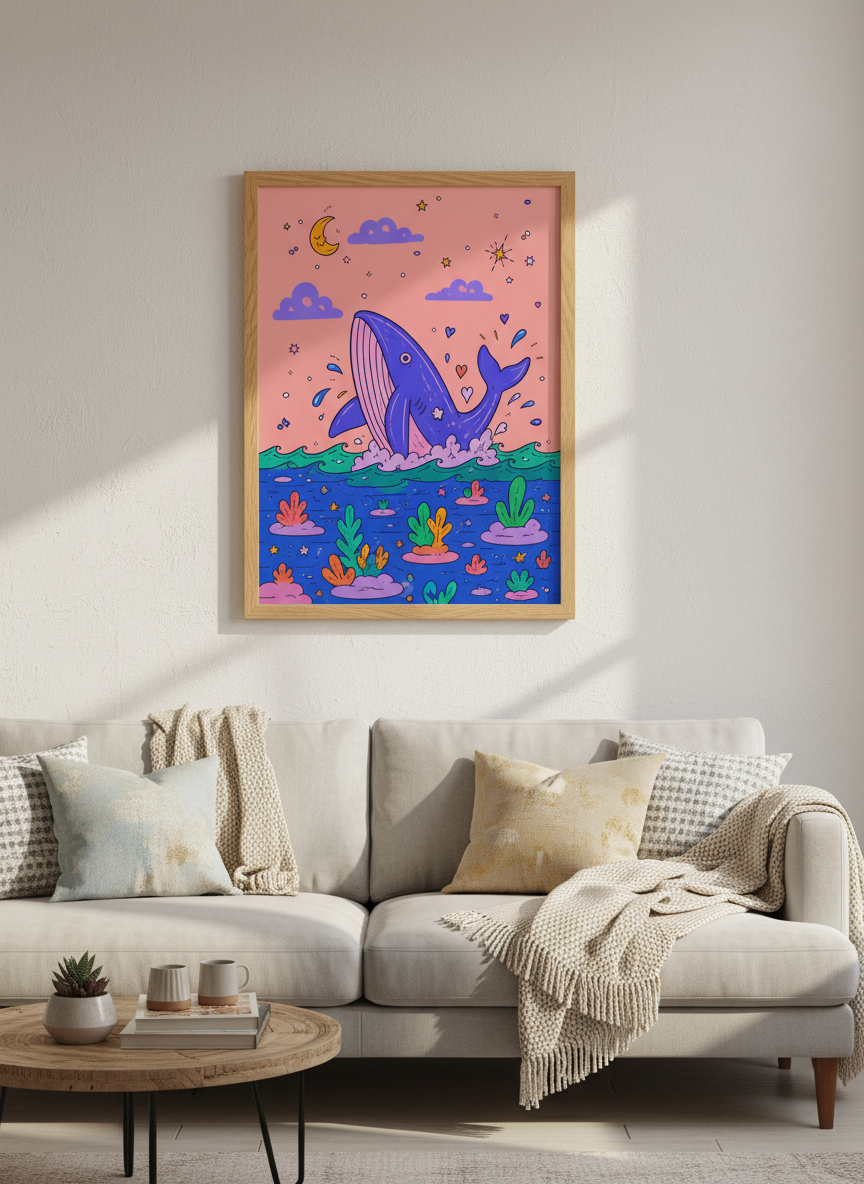 Whimsical Whale &amp; Night Sky Art | Purple &amp; Coral Nursery Decor | Playful Poster