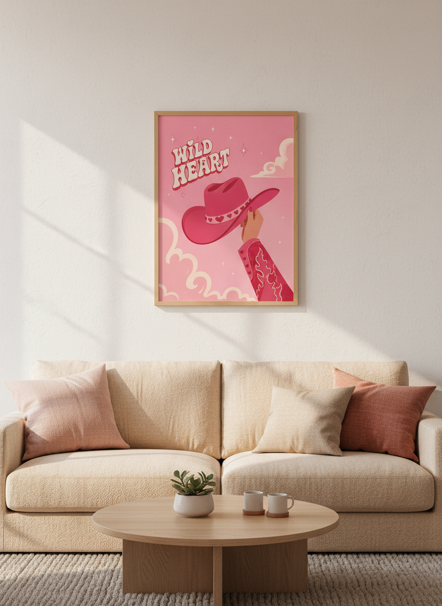 Wild Heart Pink Cowgirl Wall Art | Retro Western Poster, Dorm &amp; Bedroom Decor