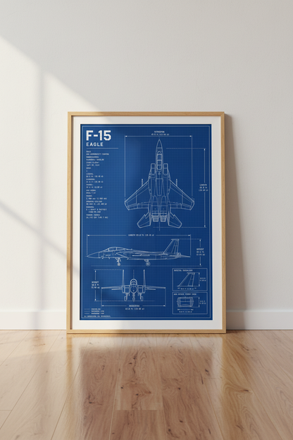 Blueprint F-15 Eagle Fighter Jet Wall Art Print | Aviation Decor | Man Cave Poster