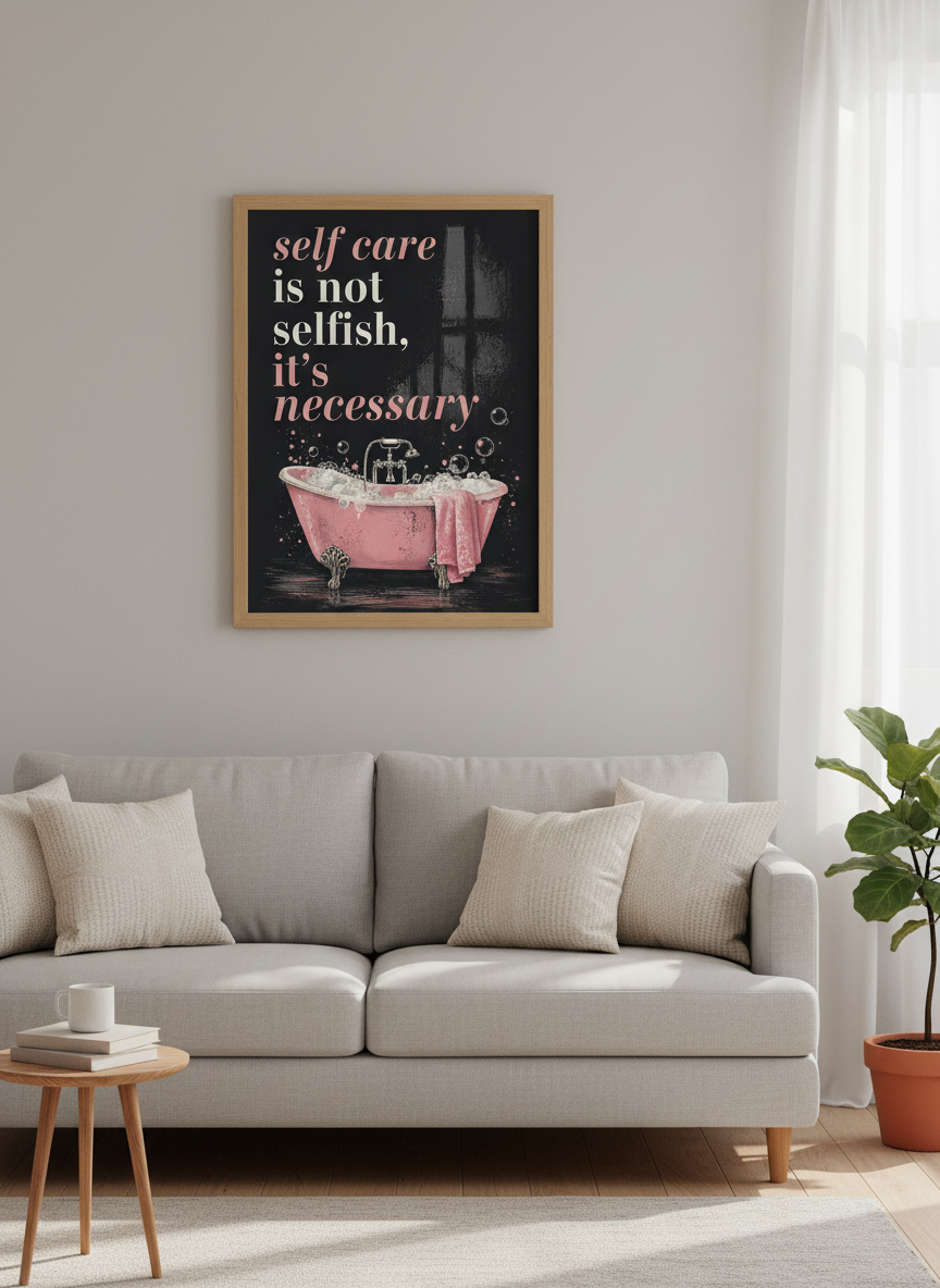 Self Care Bathtub Quote Art | Bathroom Decor, Spa Aesthetic Print | Pink Black Wall Art