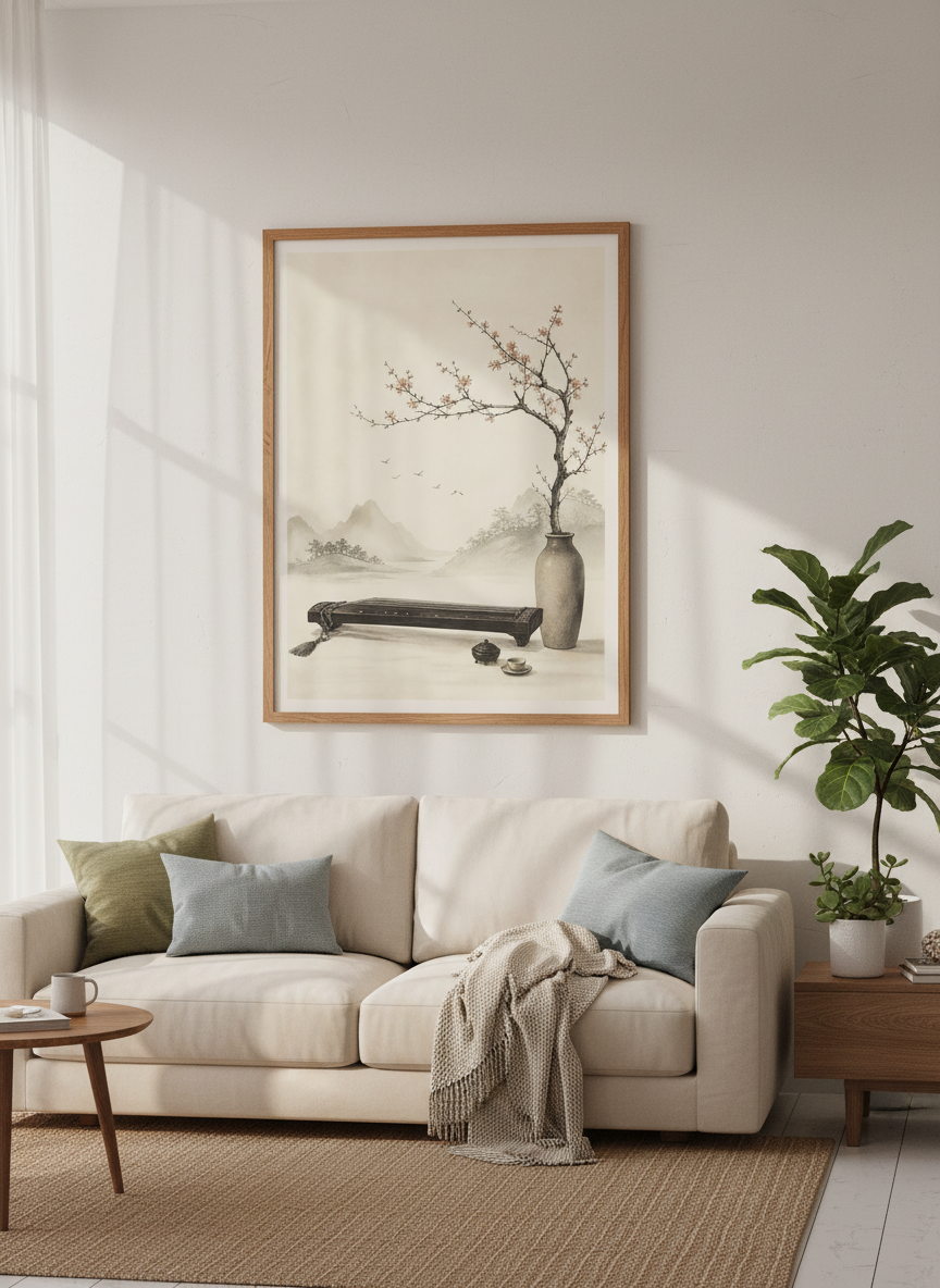 Zen Japanese Landscape Wall Art | Cherry Blossom Print, Minimalist Asian Decor