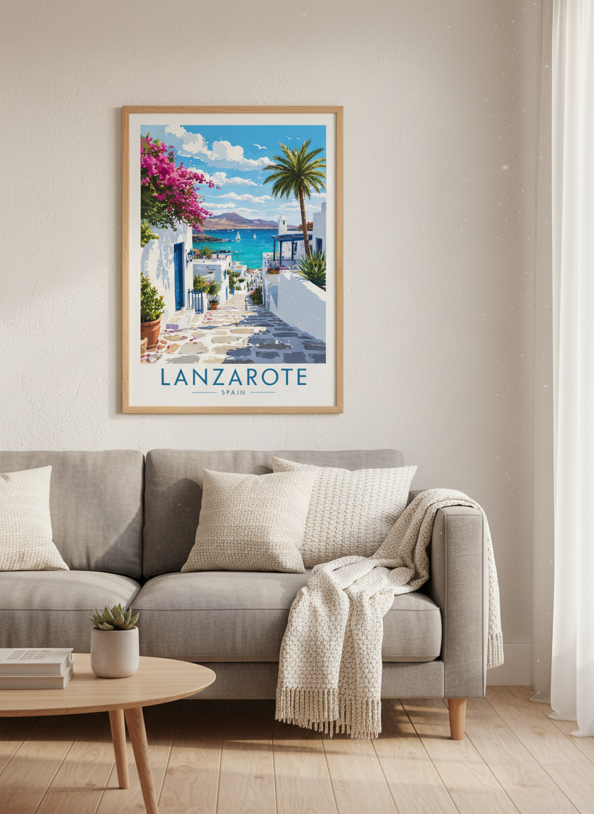 Lanzarote Spain Travel Poster | Mediterranean Coastal Wall Art | Sunny Island Decor