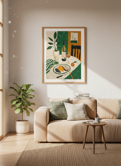 Mediterranean Still Life Wall Art | Green &amp; Ochre Kitchen Print, Dining Room Decor