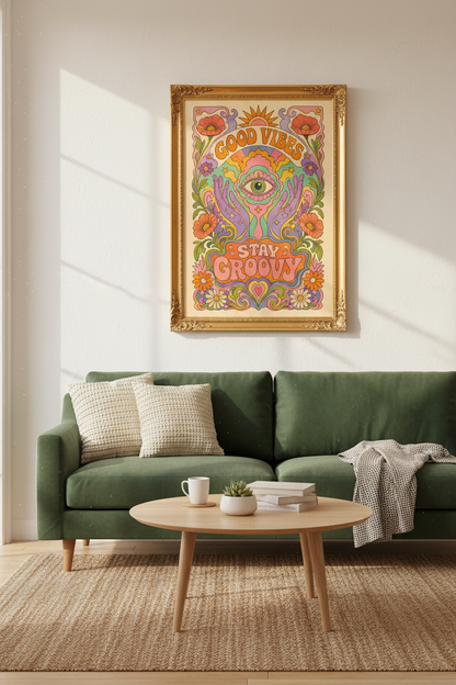 psychedelic poster | retro floral sunburst, living room decor
