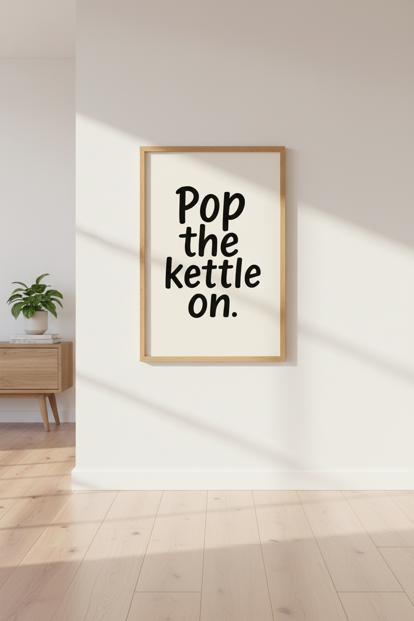 Minimalist Typography Wall Art Print | Kitchen Decor | Cozy Cottagecore Poster | "Pop the Kettle On" Minimal Quote Art