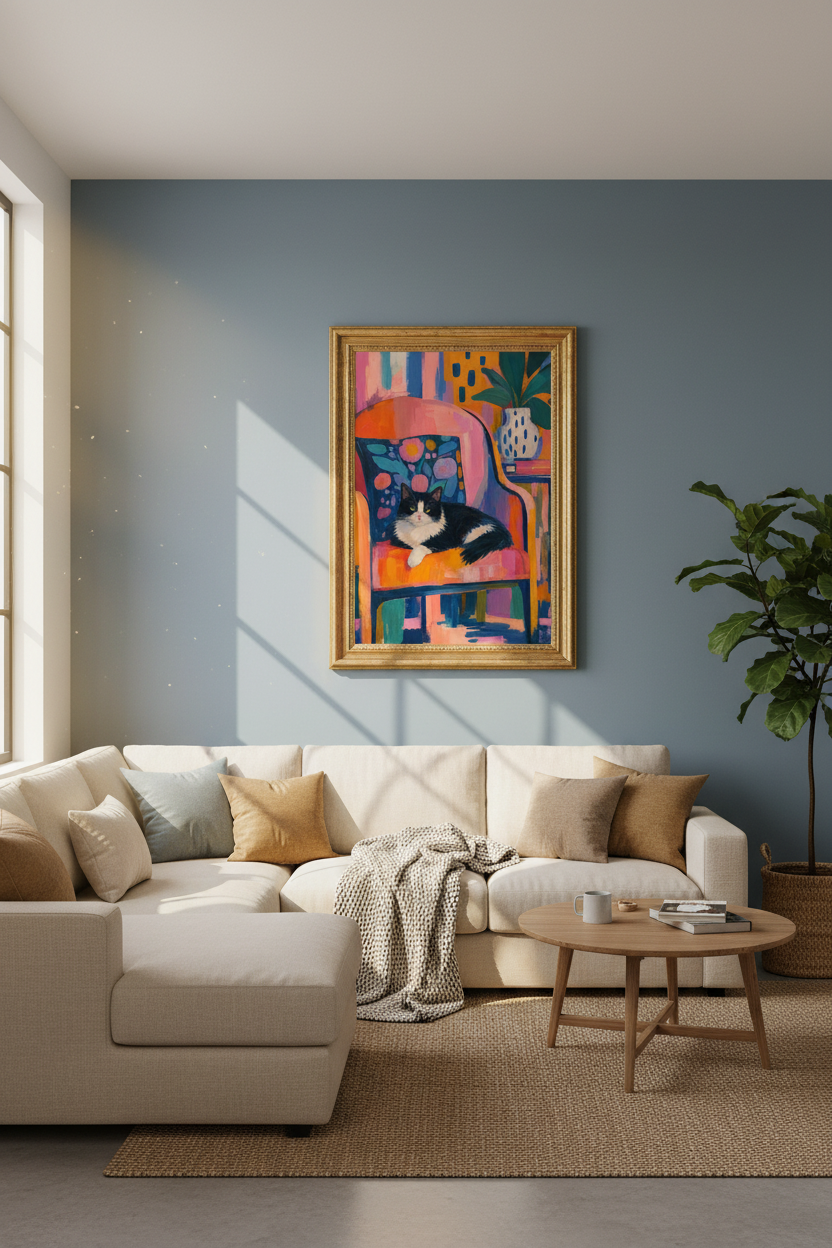 Colorful Cat Poster | Modern Abstract Floral Armchair, Living Room Decor