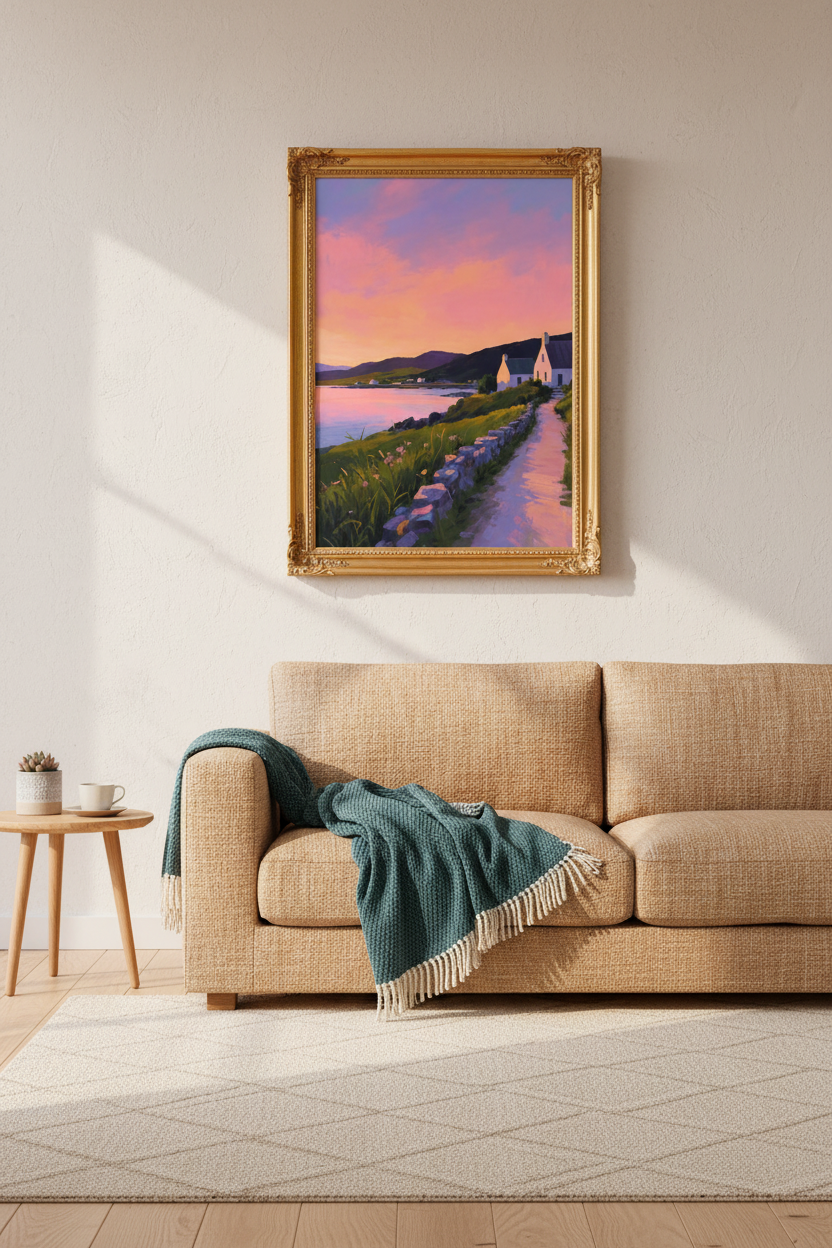 Coastal Sunset Print | Pastel Seaside Watercolor, Bedroom Decor