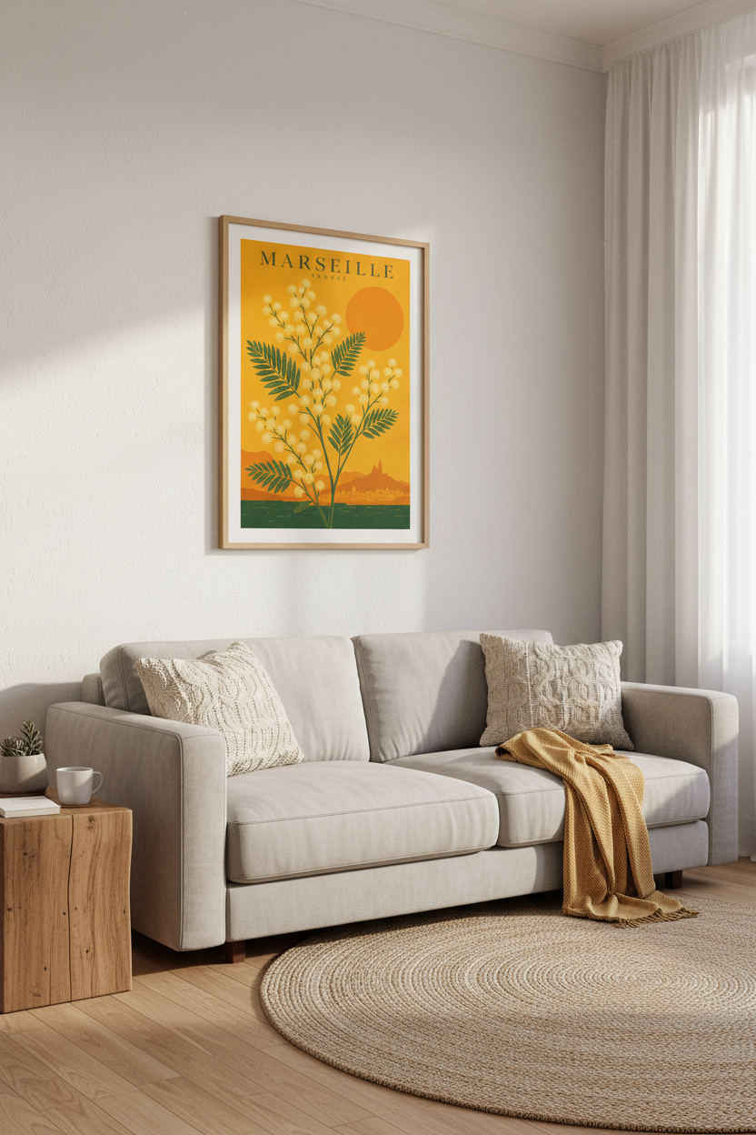 Marseille France Mimosa Flower Print | Vintage Orange Travel Art | Retro Boho Wall Decor