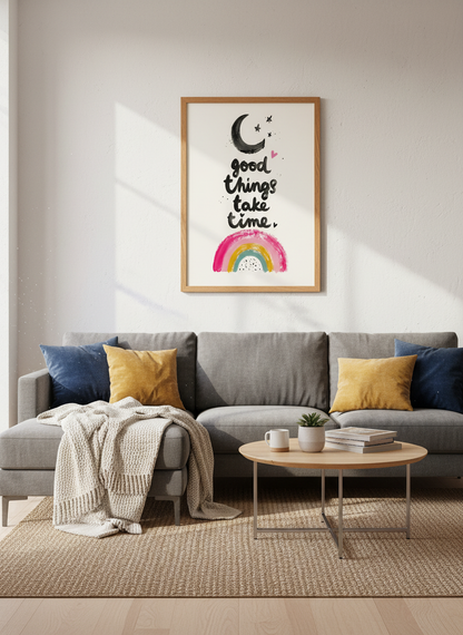 Good Things Take Time Wall Art Print | Boho Nursery Decor | Moon Rainbow Poster