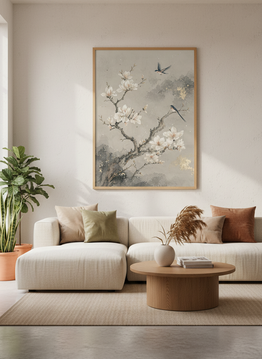 Magnolia Blossom &amp; Bird Wall Art | Neutral Chinoiserie Print, Zen Lounge Decor