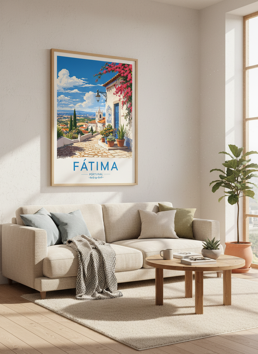 Fatima Portugal Travel Poster | Mediterranean Landscape Print, Living Room Decor Art