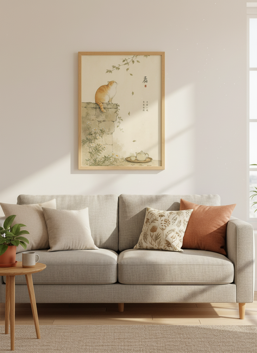Ginger Cat Wall Art | Japanese Ink Style Zen Poster, Minimalist Home Decor