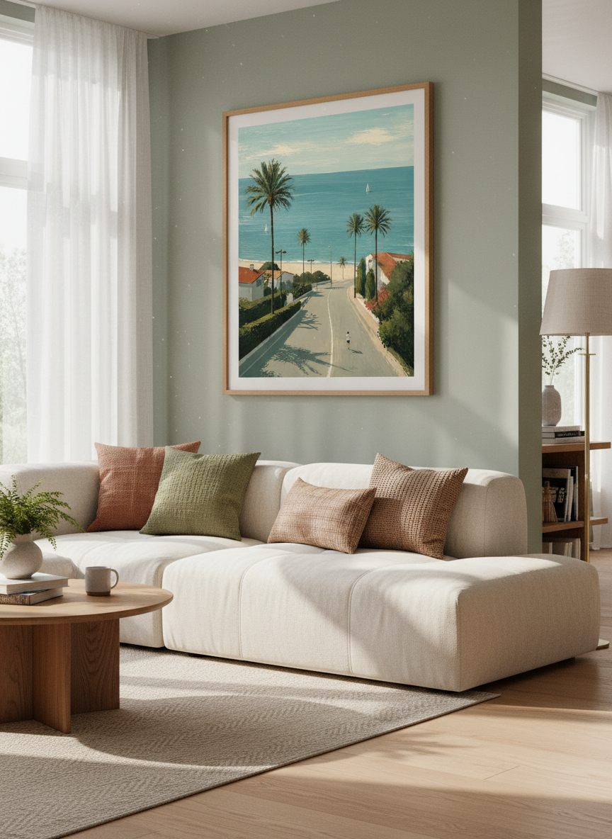 Mediterranean Coastal Road Art Print | Beach House Wall Decor | Palm Tree Poster