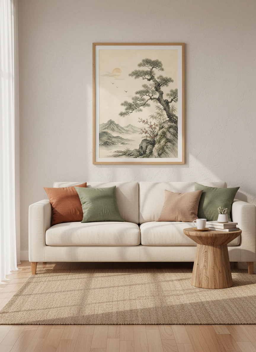 Japanese Pine Tree Mountain Landscape | Zen Ink Style, Neutral Japandi Decor