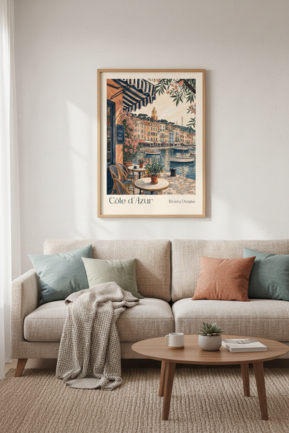 French Riviera Travel Poster | Coastal Cafe Art, Saint Tropez Decor