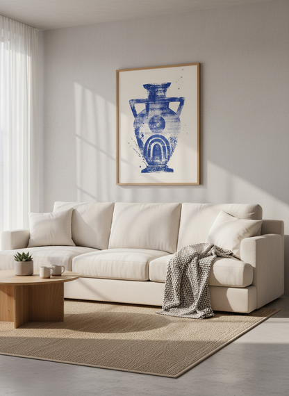 Greek Vase Wall Art | Cobalt Blue Mediterranean Print, Minimalist Decor