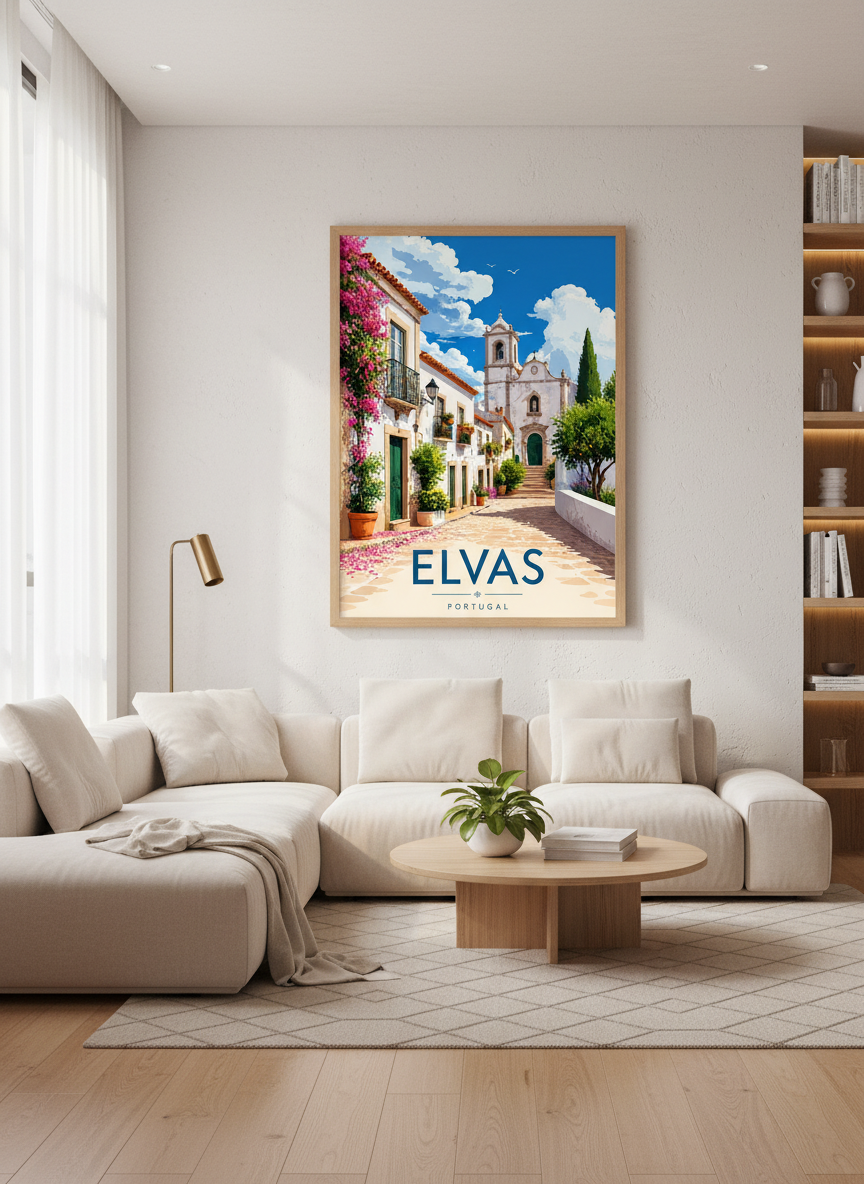 Elvas Portugal Travel Poster | Mediterranean Street Wall Art, Blue &amp; Pink Decor
