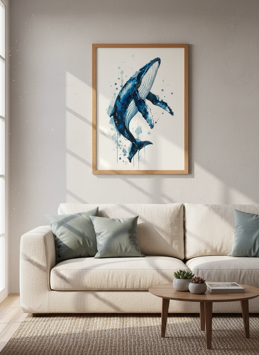 Blue Watercolor Whale Wall Art | Indigo Nautical Decor, Coastal Nursery Poster
