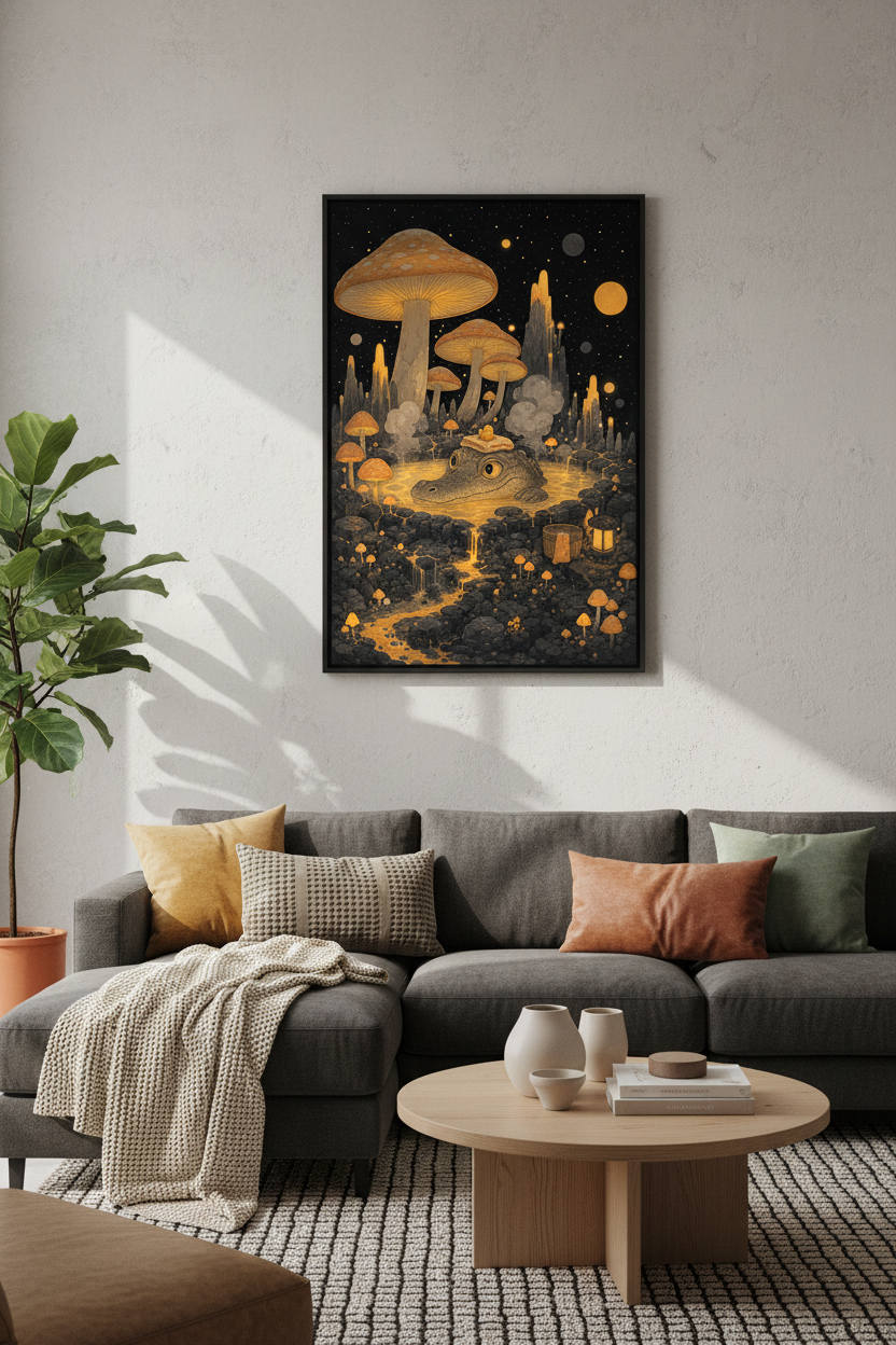 Mushroom Fantasy Art | Whimsical Golden Nightscape, Nursery Decor