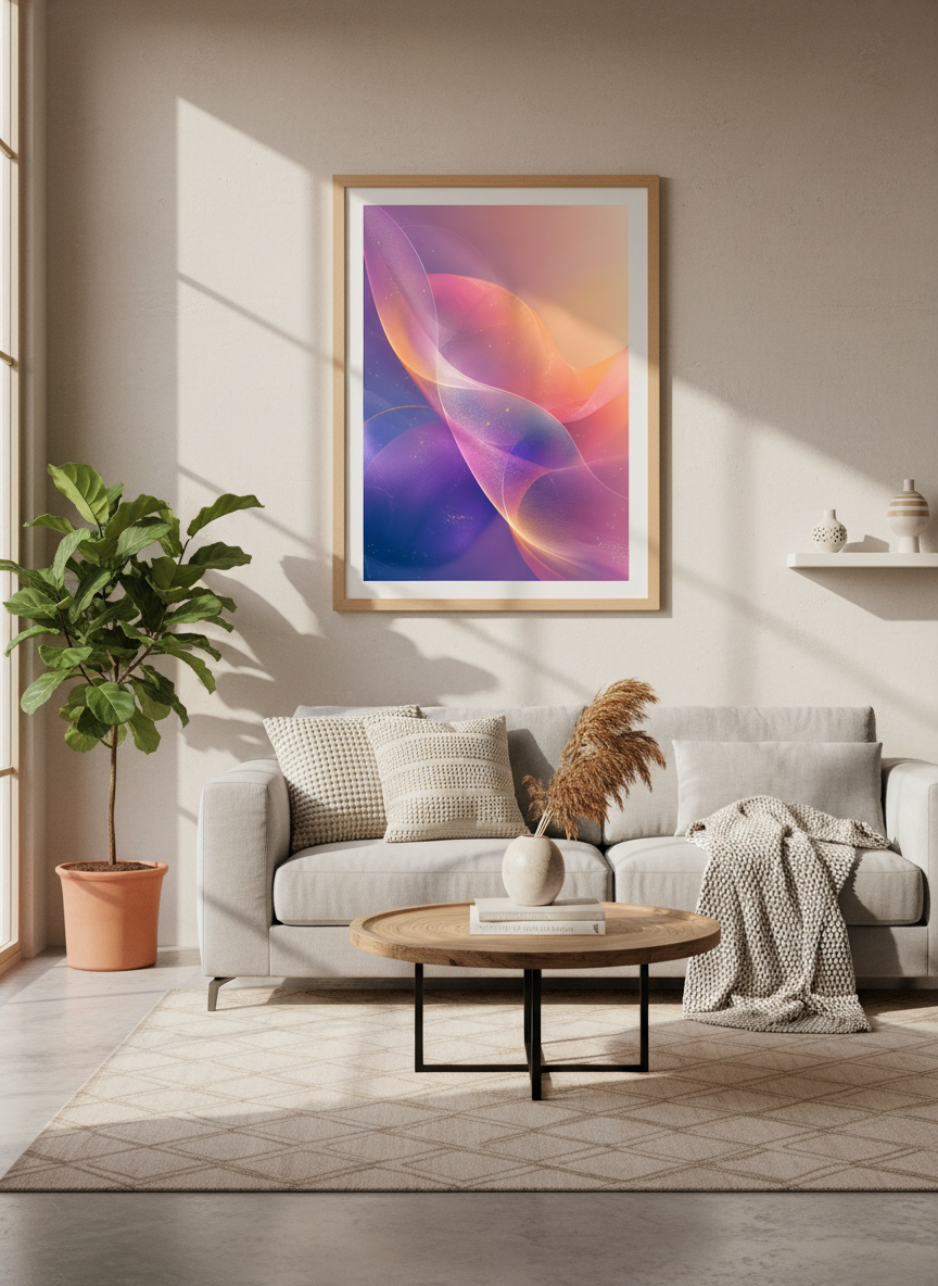 Abstract Mesh Ribbon Wall Art | Purple &amp; Orange Fluid Waves, Modern Bedroom Decor