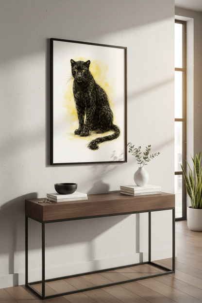 Watercolor Black Panther Wall Art Print | Jungle Home Decor | Wildlife Animal Poster | Yellow &amp; Black | Digital &amp; Framed Options