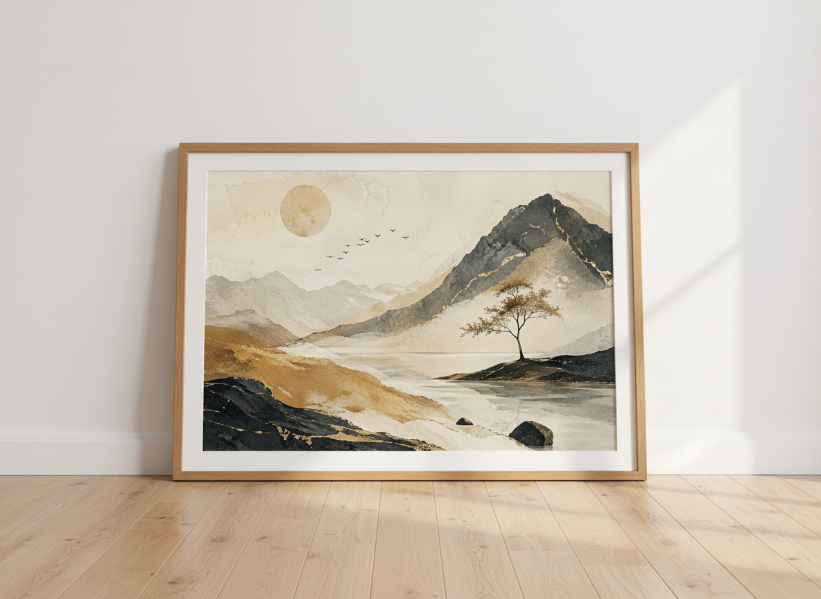 Minimalist Landscape Wall Art Print | Boho Living Room Decor | Zen Aesthetic Poster | Gilded Mountain &amp; Lake Art