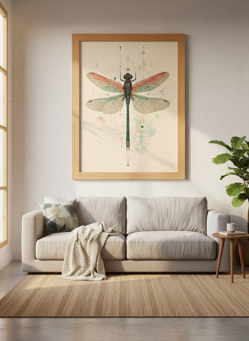 Dragonfly Botanical Print | Vintage Teal Insect Art, Dark Academia Decor