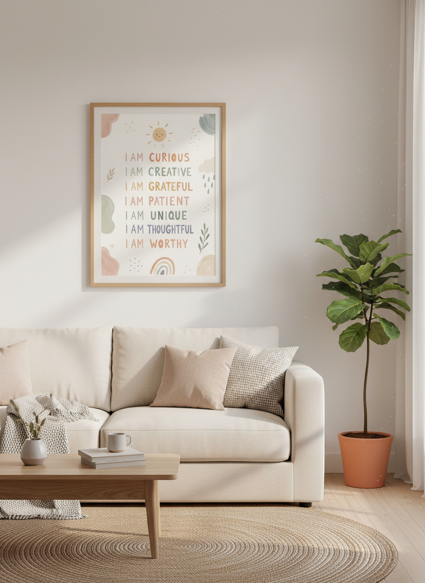Boho Kids Affirmations Wall Art | Muted Pastel Nursery Decor | I Am Worthy Poster