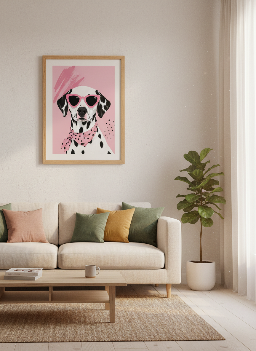 Dalmatian with Sunglasses Art | Pink Preppy Portrait, Girly Bedroom Decor Poster