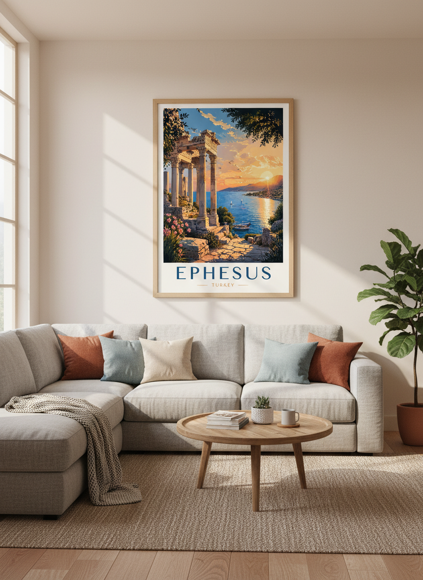 Ephesus Turkey Travel Poster | Ancient Mediterranean Sunset Wall Art | Coastal Decor