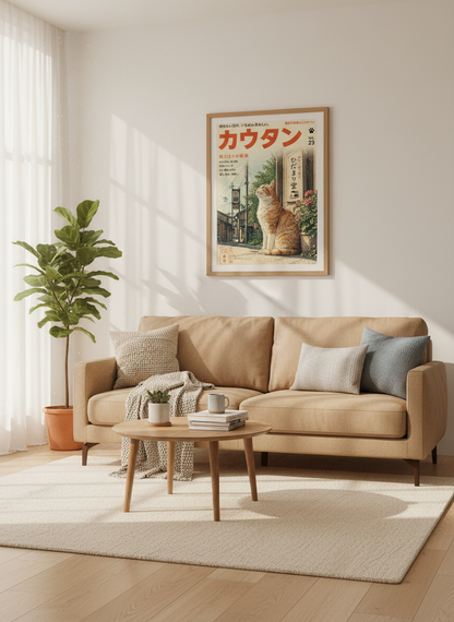 Japanese Cat Magazine Wall Art | Retro Ginger Tabby Poster, Japandi Living Room Decor