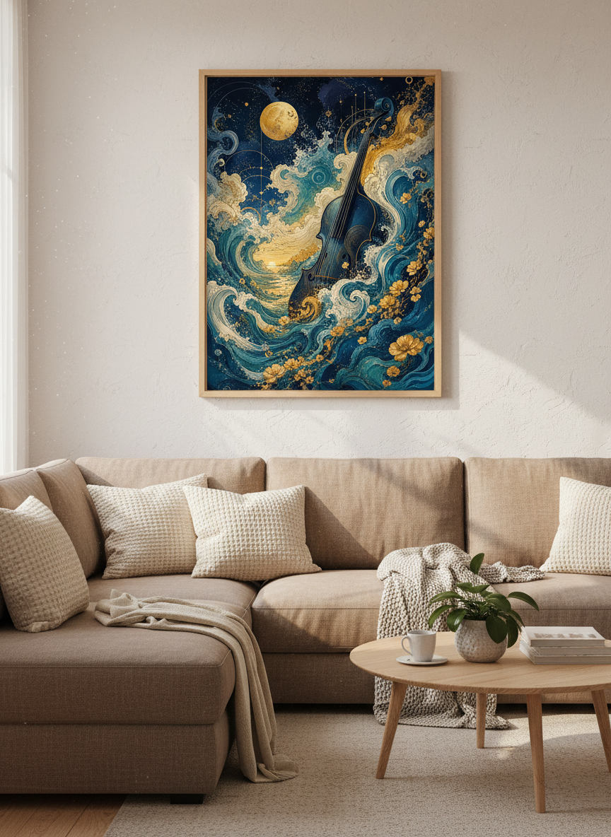 Surreal Violin Ocean Waves Wall Art | Gold &amp; Navy Celestial Music Decor | Fantasy Poster