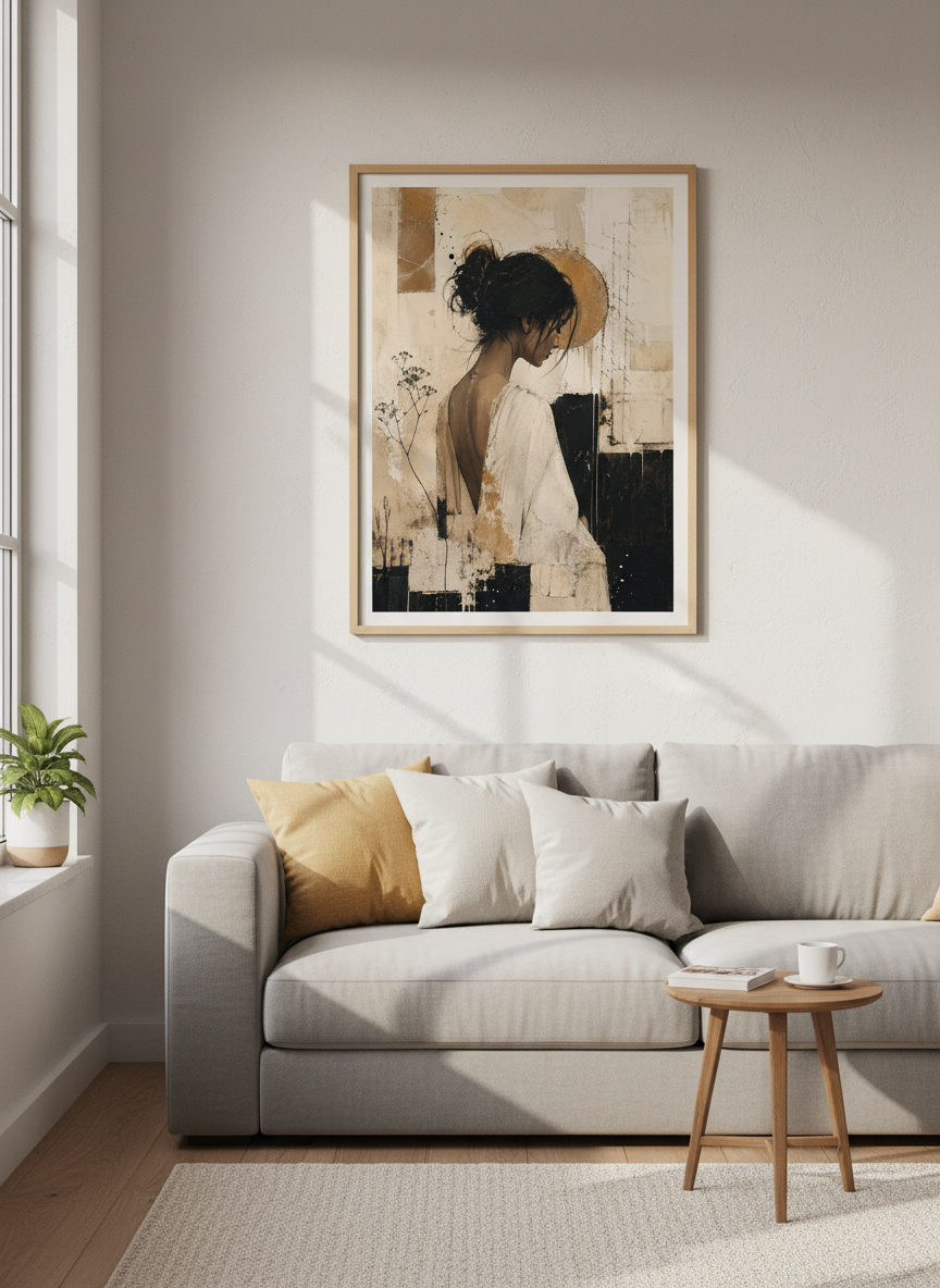Abstract Woman Portrait | Neutral &amp; Gold Modern Art, Living Room Office Wall Decor