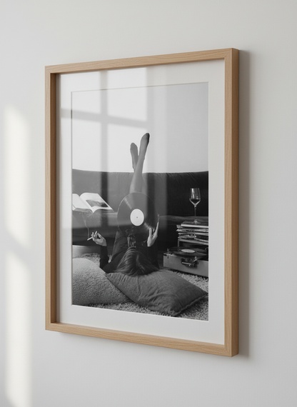 Monochrome Lifestyle Wall Art Print | Relaxing Vinyl Record Poster | Black and White Room Decor | Aesthetic Music Lover Gift