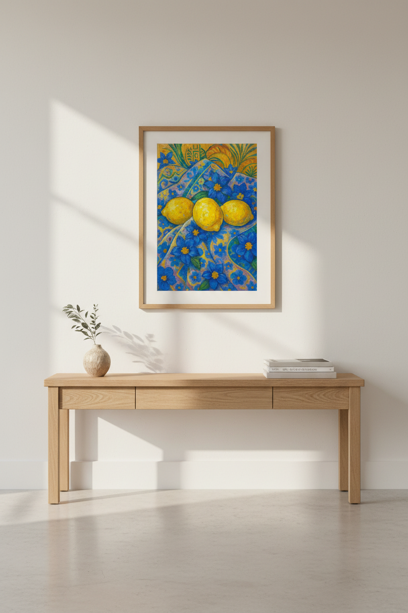 Vibrant Lemon Still Life Framed Wall Art | Kitchen Decor | Mediterranean Aesthetic Framed Poster Print