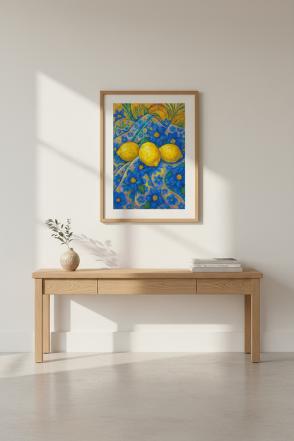 Vibrant Lemon Still Life Framed Wall Art | Kitchen Decor | Mediterranean Aesthetic Framed Poster Print
