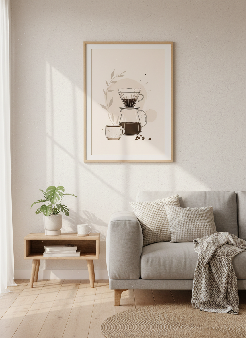 Minimalist Pour Over Coffee Art | Neutral Beige Kitchen Decor | Barista Poster
