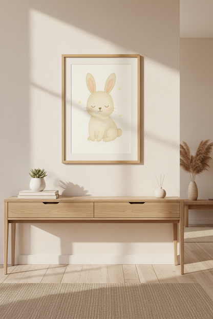 Cute Bunny Wall Art Print | Nursery Decor | Boho Kawaii Framed Poster Decor | Sleepy Rabbit Kids Room Art Ready to Hang