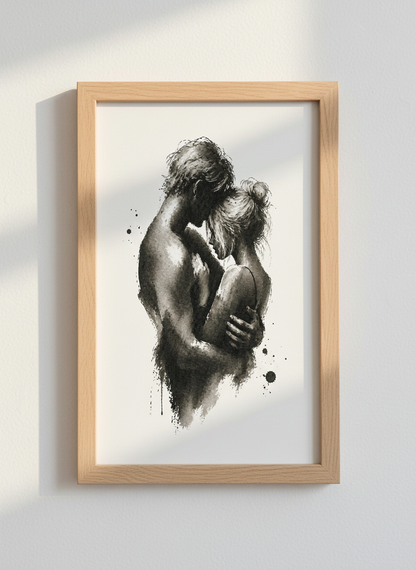 Abstract Love Embrace Wall Art Print | Bedroom Decor | Romantic ink Brushstroke Poster | Couple Black and White Art
