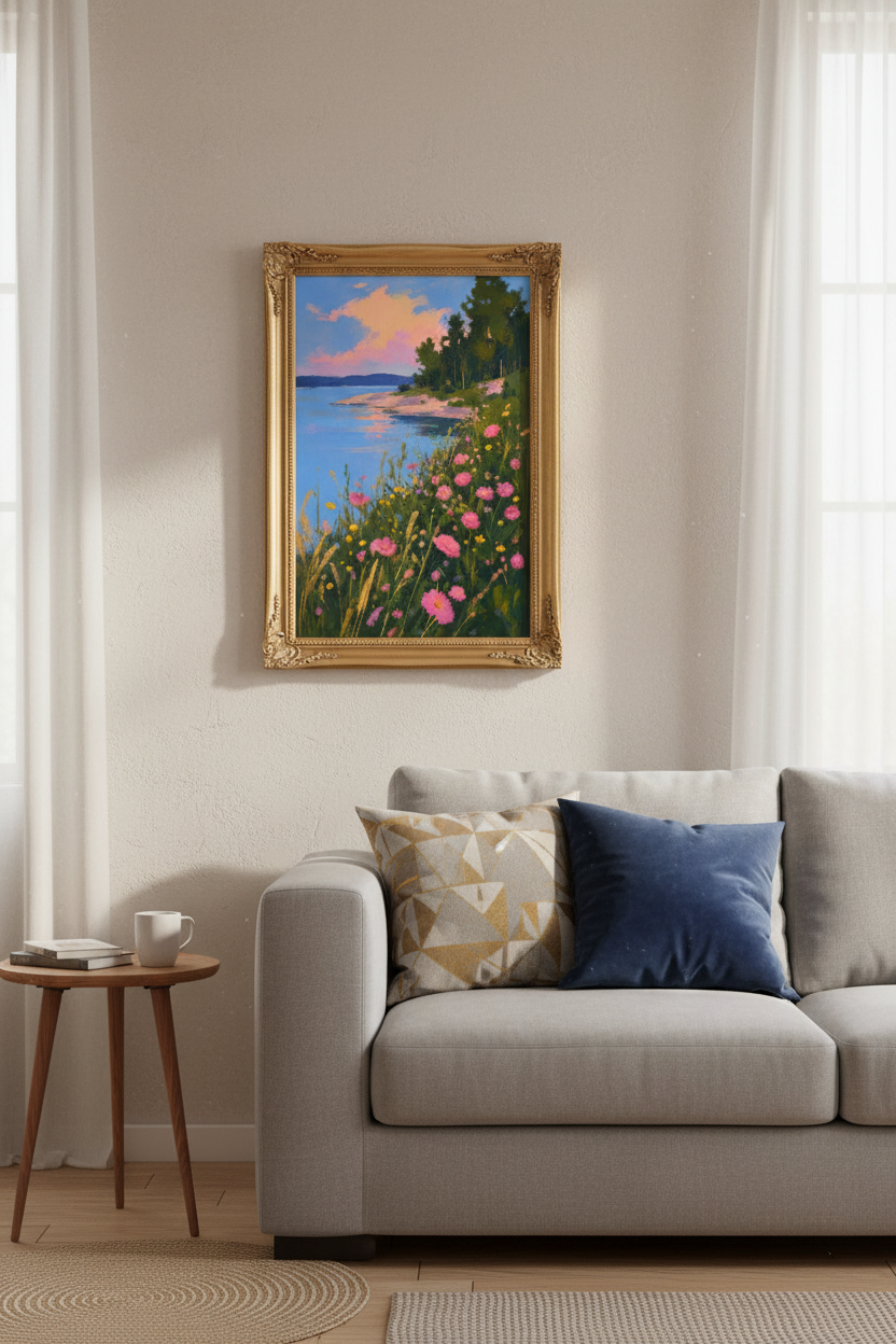 Seaside Floral Print | Impressionist Pink Blue, Living Room Decor